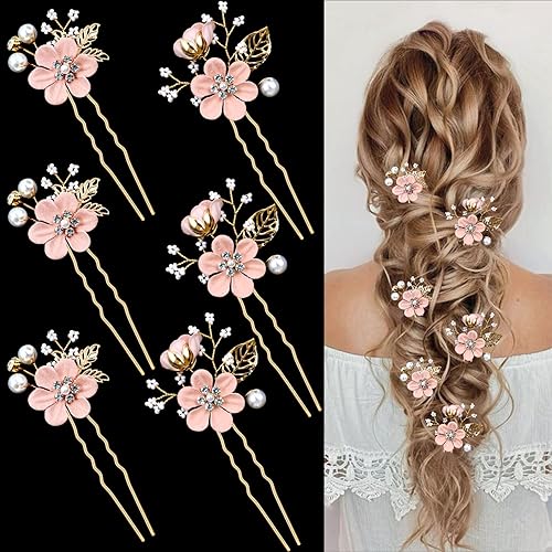 6 horquillas para el cabello de boda de flores nupciales con perlas de cristal, pinzas para el cabello, accesorios de boda dorados con diamantes de