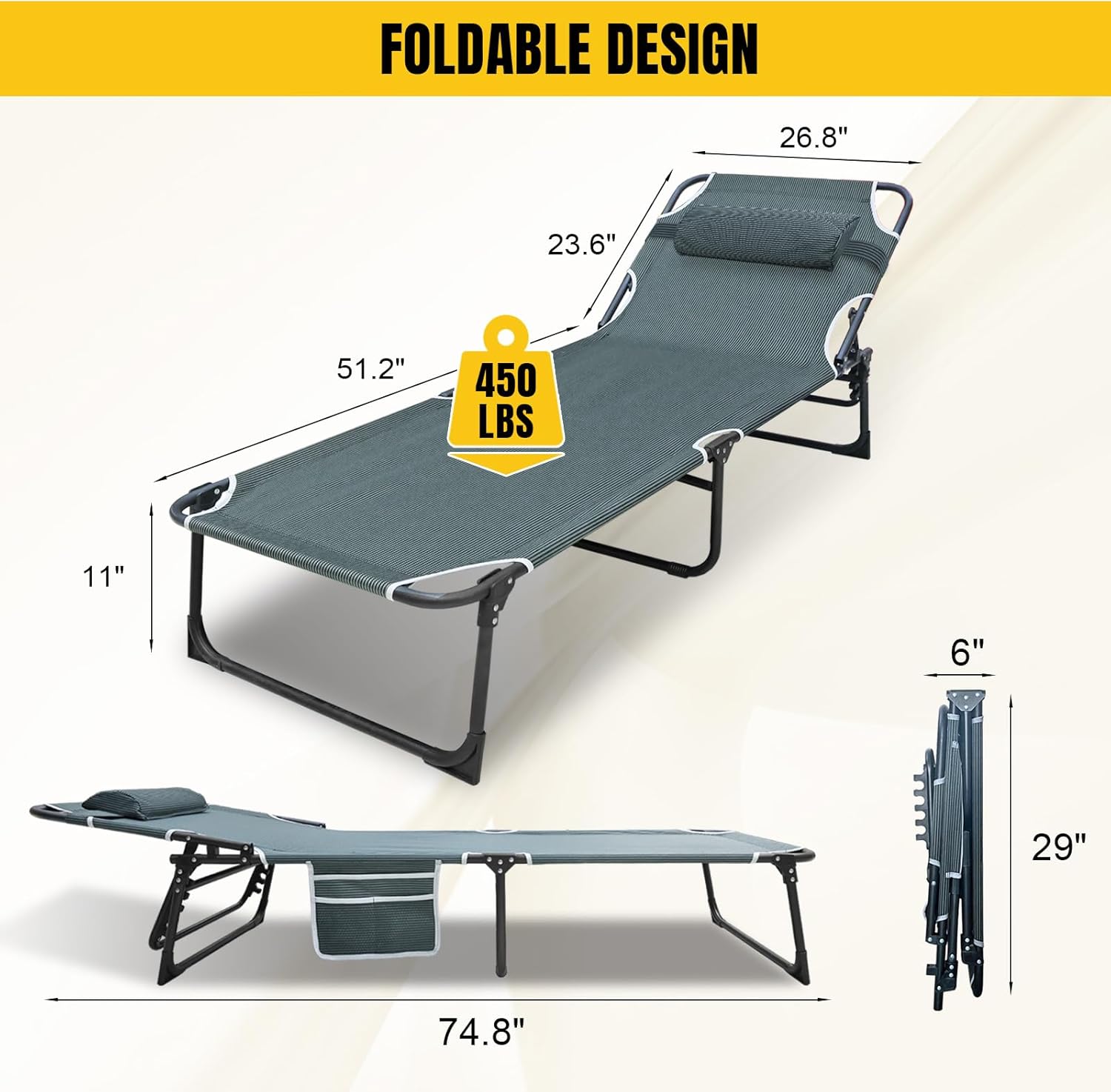 YELLOW JACKET Folding Camping Cot for Adults Adjustable 5-Position Portable Sleeping Cot Bed with Pillow and Removable Mattress Reclining Foldable Camp Cots for Outdoor,Home,Beach,Patio,Grey