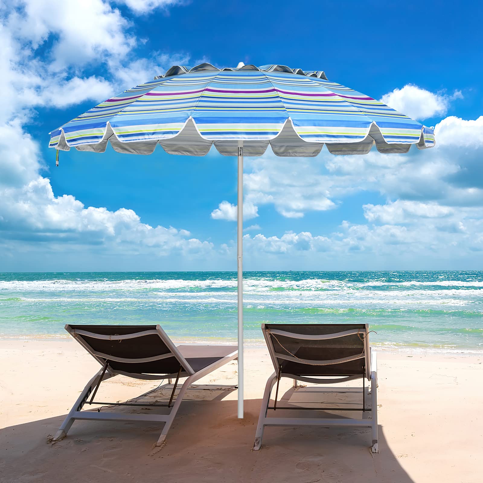 RELAX4LIFE Ombrellone da Spiaggia e Esterno 2,43M, Tettuccio Inclinabile, Protezione Solare UV50+, Telaio a 16 Stecche in Fibra di Vetro, Base non Inclusa, per Mare/Giardino/Campeggio (Righe Fini)