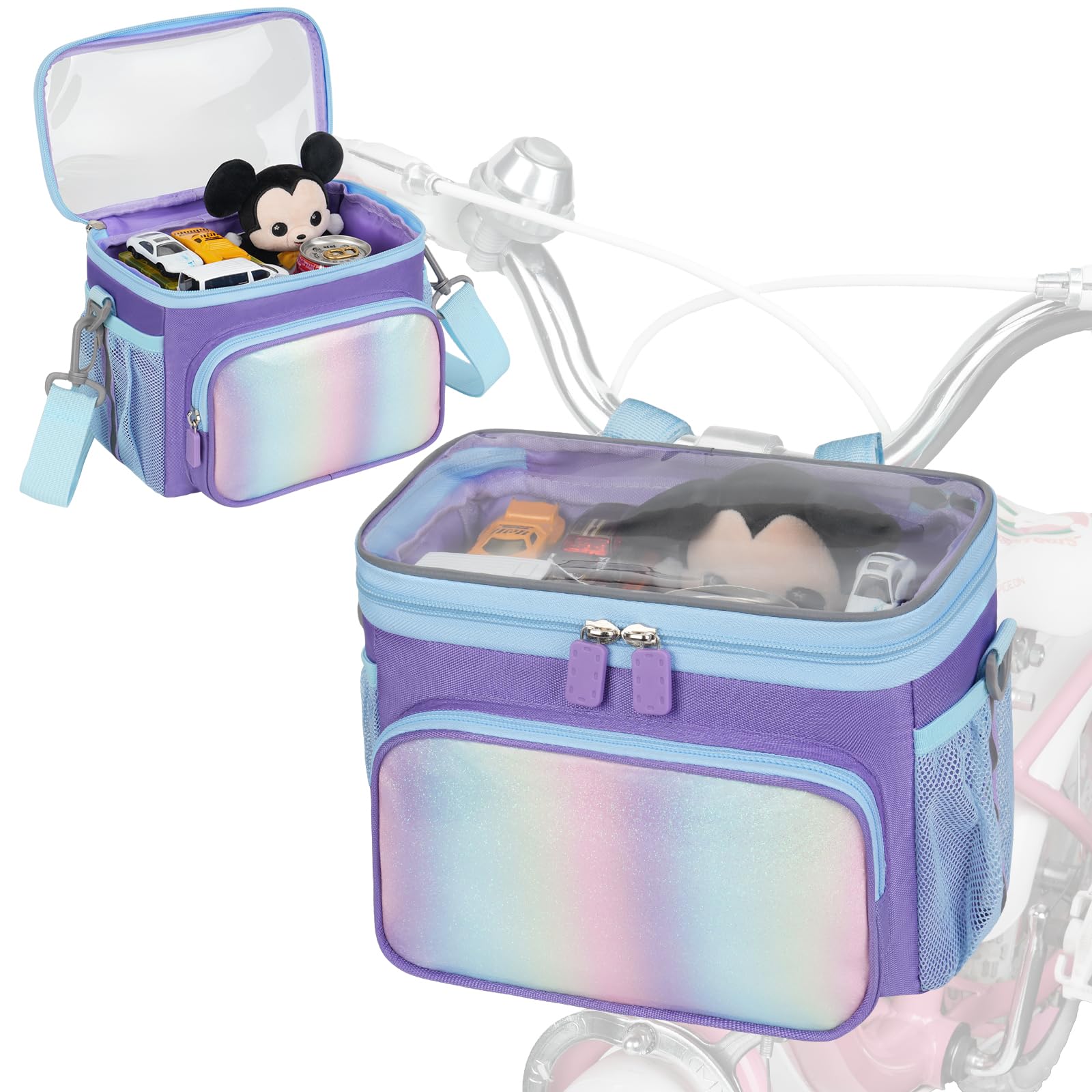 Jaffzora Kids Bike Basket, Front Frame Handlebar Bag for Toddler Scooter Tricycle Bicycle, Cute Small Fabric Bicycle Basket for Boys & Girls, Purple&Blue — image 1