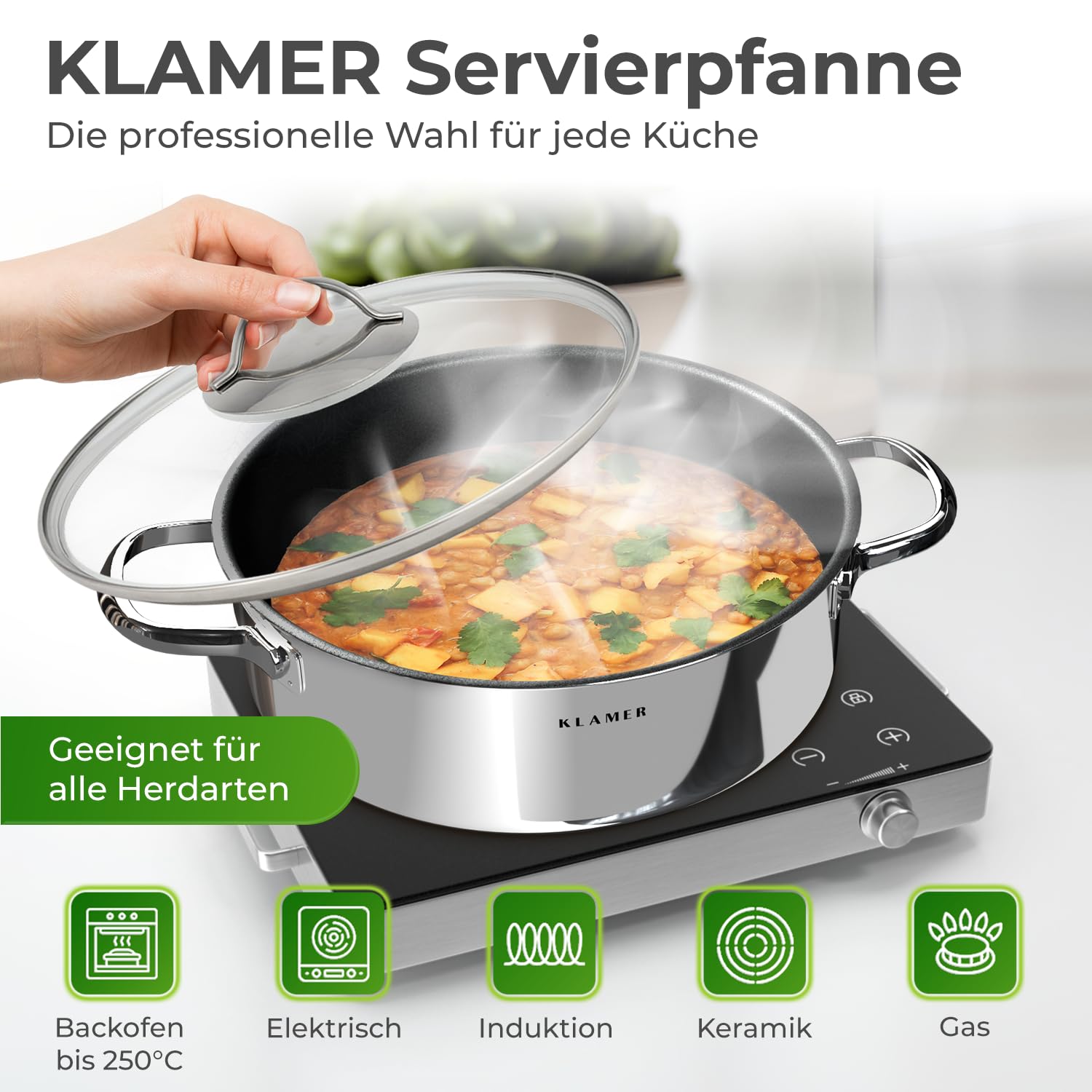 KLAMER Servierpfanne, Schmorpfanne mit Deckel 28cm Induktion, Edelstahl Schmortopf backofengeeignet, Schmorpfanne hoher Rand, Premium Beschichtung