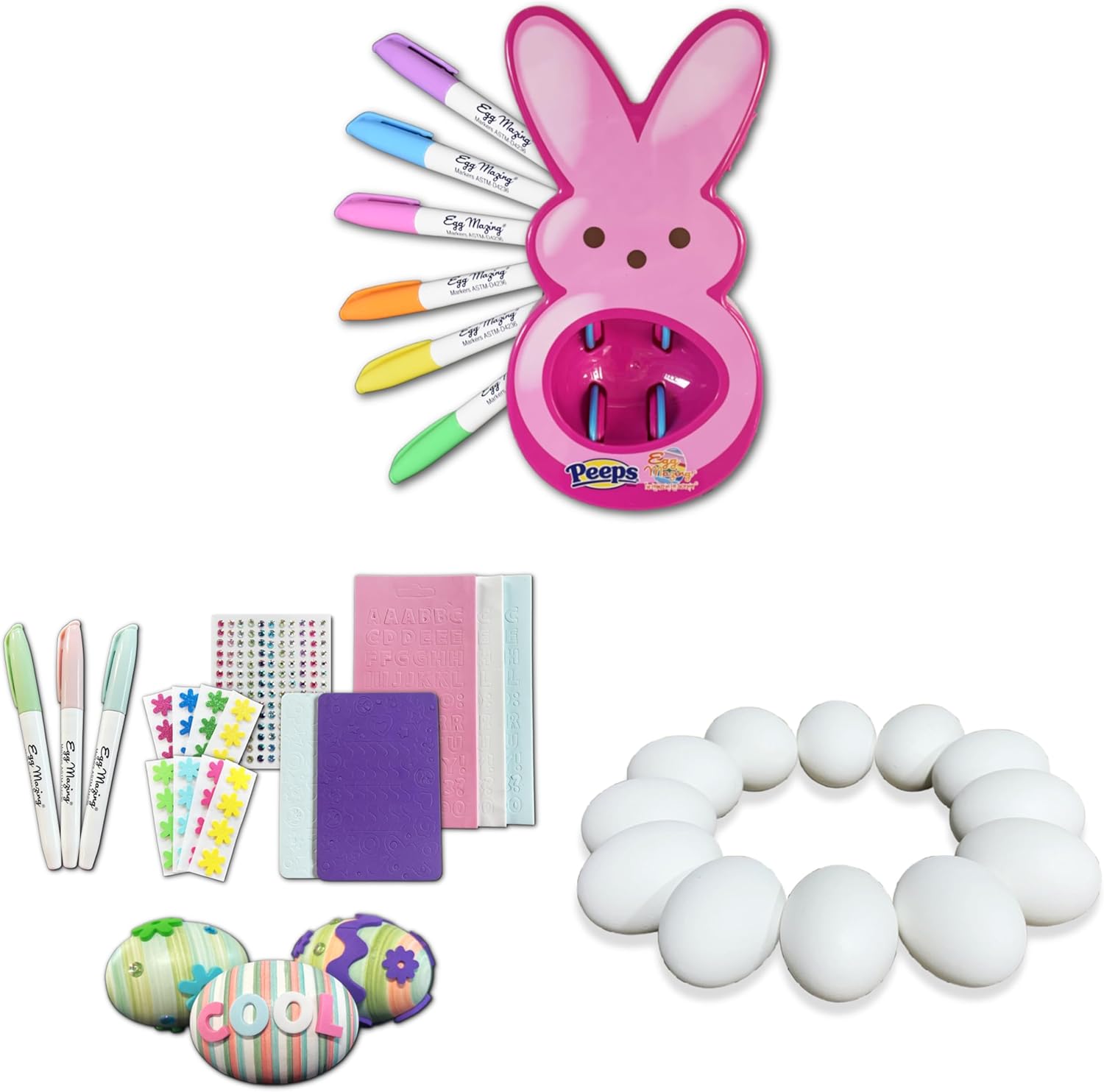 The Eggmazing Easter Egg Decorator - Peeps Bunny (Pink) + White Wooden Eggs (12 Pack) + Easter Egg-cessory Pack