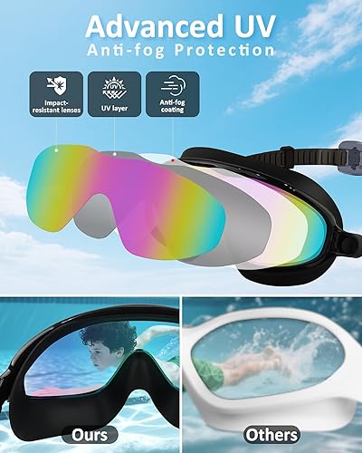 Miniatura 3 de Gafas de natación para niños, antivaho, protección UV y amplia visión con gorro de natación para niños de 3 a 15 años