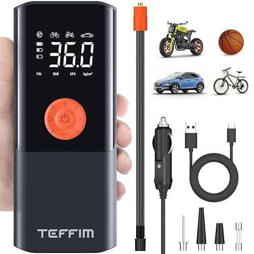 Teffim Tire Inflator Portable Air Compressor with Digital Pressure Gauge, 12V Smart Air Pump for Car Tires, Motorcycle, SUV, Electric Bike, Bicycle, Sports Balls with 10000mAh Battery & LED Light