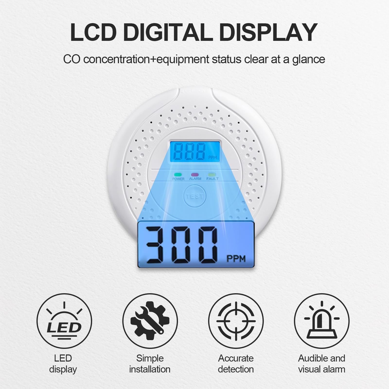 Detector de Monóxido de Carbono, Detector de CO, Pantalla LCD Digital, Alarma de 85 dB, Detector CO con Batería Reemplazable, Portátil para Hogar, Caravana, Viajes
