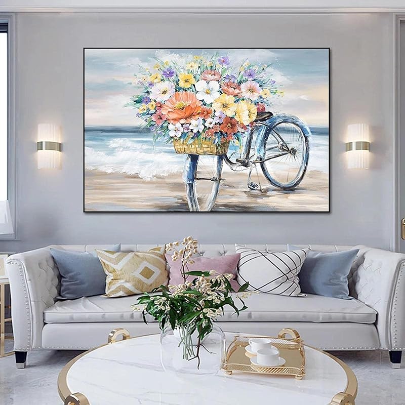 キャンバス絵画抽象的なレトロな花海辺の自転車北欧ポスター壁アート写真キャンバス絵画家の室内装飾50x80cm x32 フレームレス Kihbirprt4 Godawaripowerispat Com