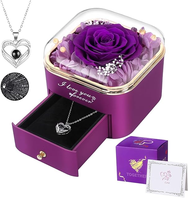 Preserved Purple Real Rose with I Love You Necklace in 100 Languages,Eternal Flowers Gifts for Her Women Mum Wife Girlfriend on Christmas Valentines Day Mothers Day, Anniversary Birthday Gifts for Her