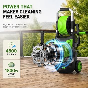 Electric Pressure Washer 4800PSI, 4.0GPM Portable Power Washer with Foam Cannon,4 Nozzles,33FT Hose and Soap Bottle,Car Wash Machine/Car/Driveway/Patio Clean,Green