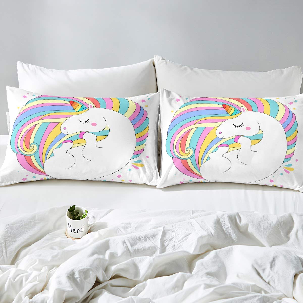 JQinHome Set Biancheria Da Letto 8 Pezzi Unicorno 3D Per Ragazze – Copripiumino Singolo Con Lenzuolo E Federe (Arcobaleno, Viola)