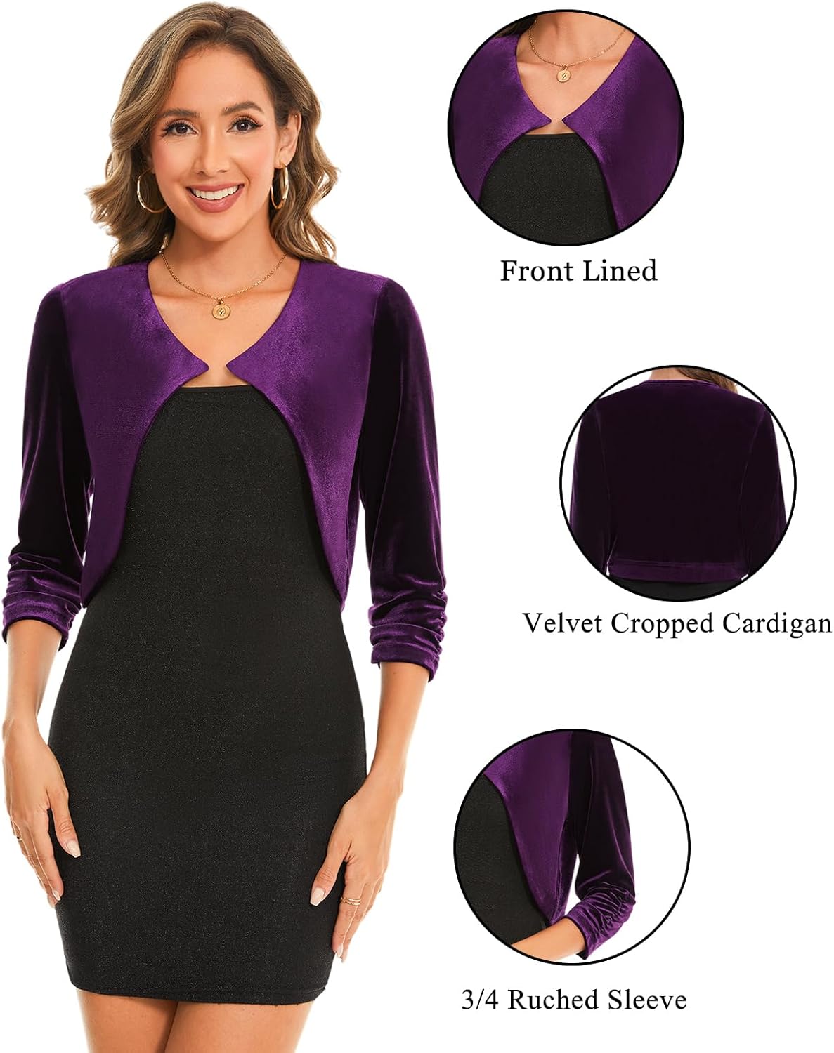 MINTLIMIT Women Velvet Shrug Bolero Open Front 3/4 Ruched Sleeve Evening Dressy Cropped Cardigans with Hook and Eye - Image 3