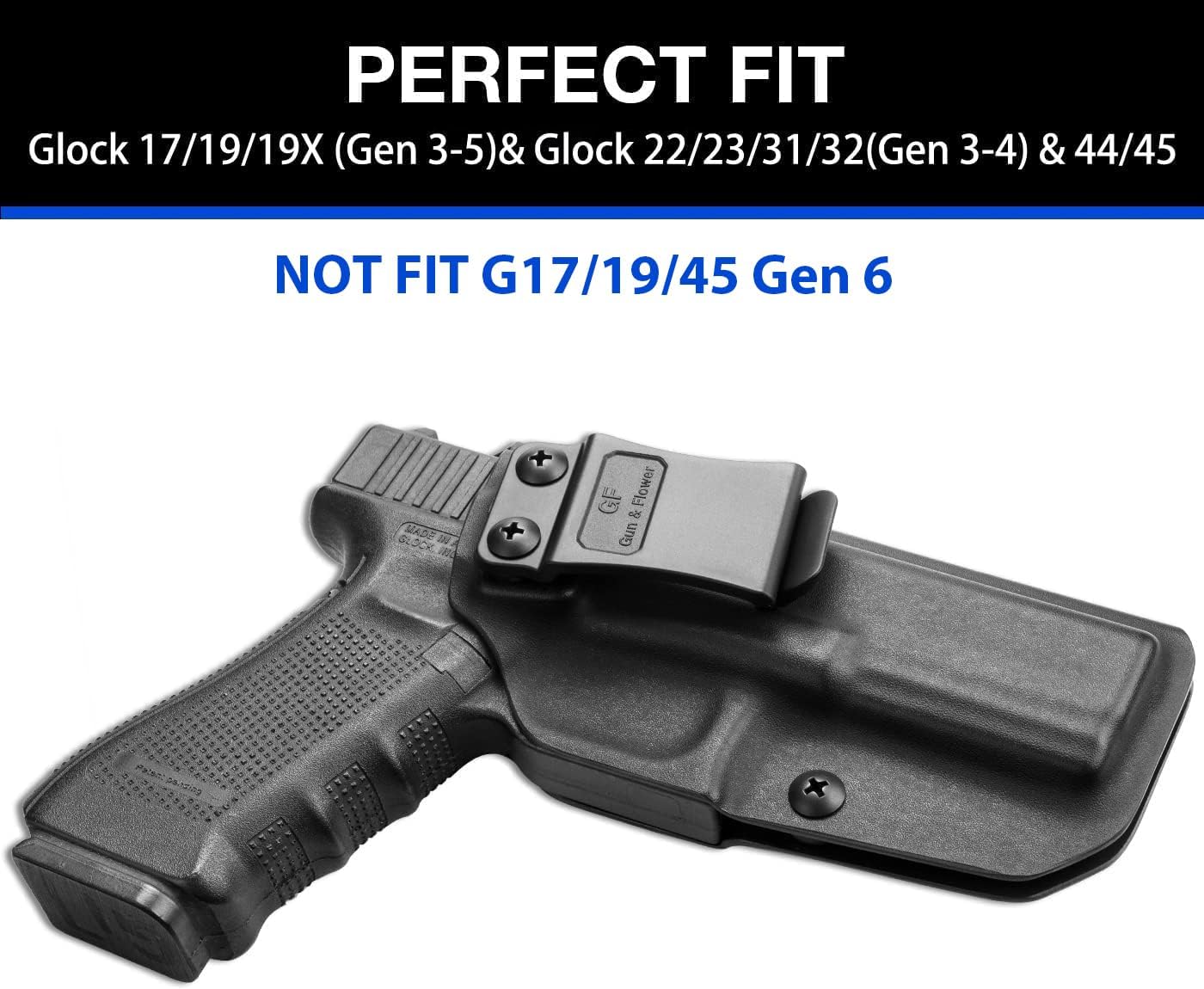 IWB Holster Compatible with Glock 17 19 19X 44 45 Gen 1-6 & Glock 22 23 31 32 Gen 1-4, Inside Waistband Concealed Carry Holster, Adj. Cant, Adj. Retention, Available in Kydex/Polymer/Claw
