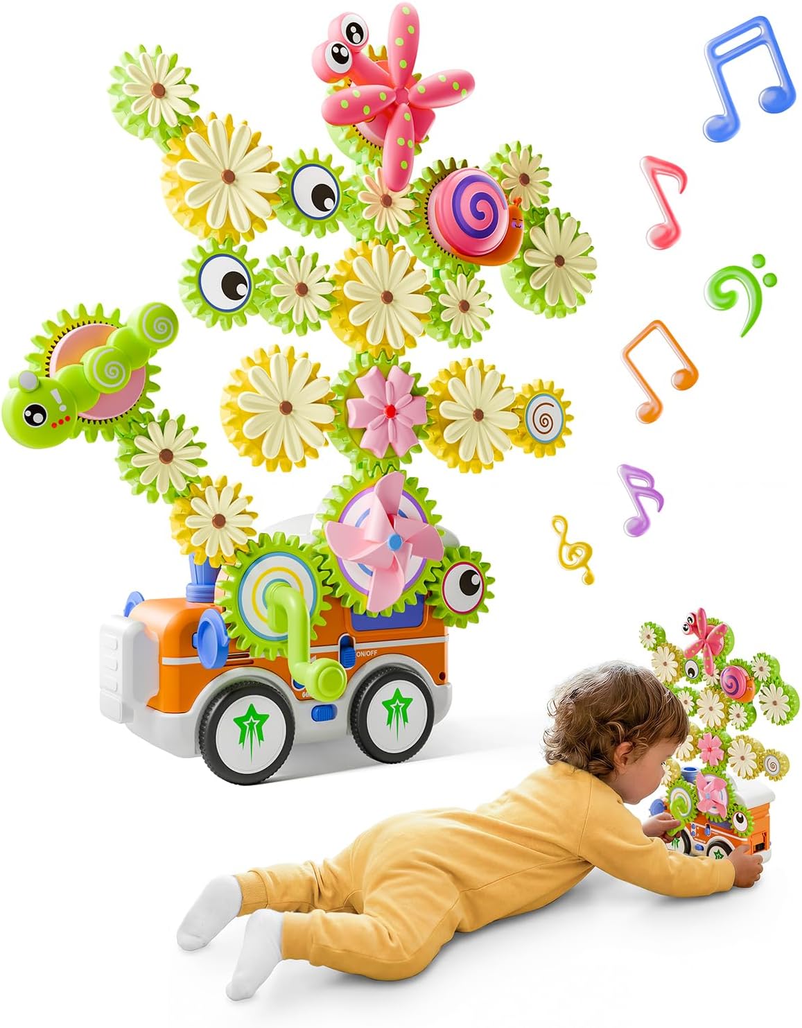 LIGHTDESIRE Montessori Toys for Toddlers 3 4 5 6 Years Old,Musical Baby Toy Train Electric Rotating Gear Flower Building Blocks Toddler Toys,STEM Toy DIY Assembly Birthday Gifts Baby Boy Girl
