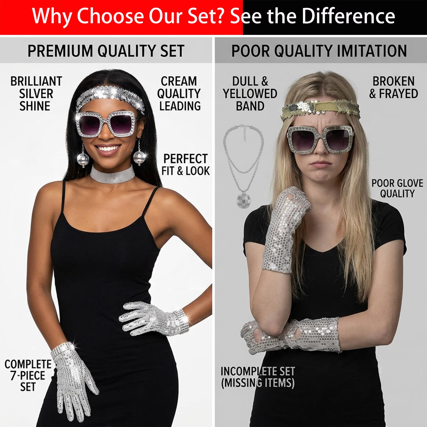 6pcs 70s Disco Accessories Set - Disco Outfits for Women with Glasses, Earrings, Gloves, Bracelet, Headband & Sequin Shawl — view 7