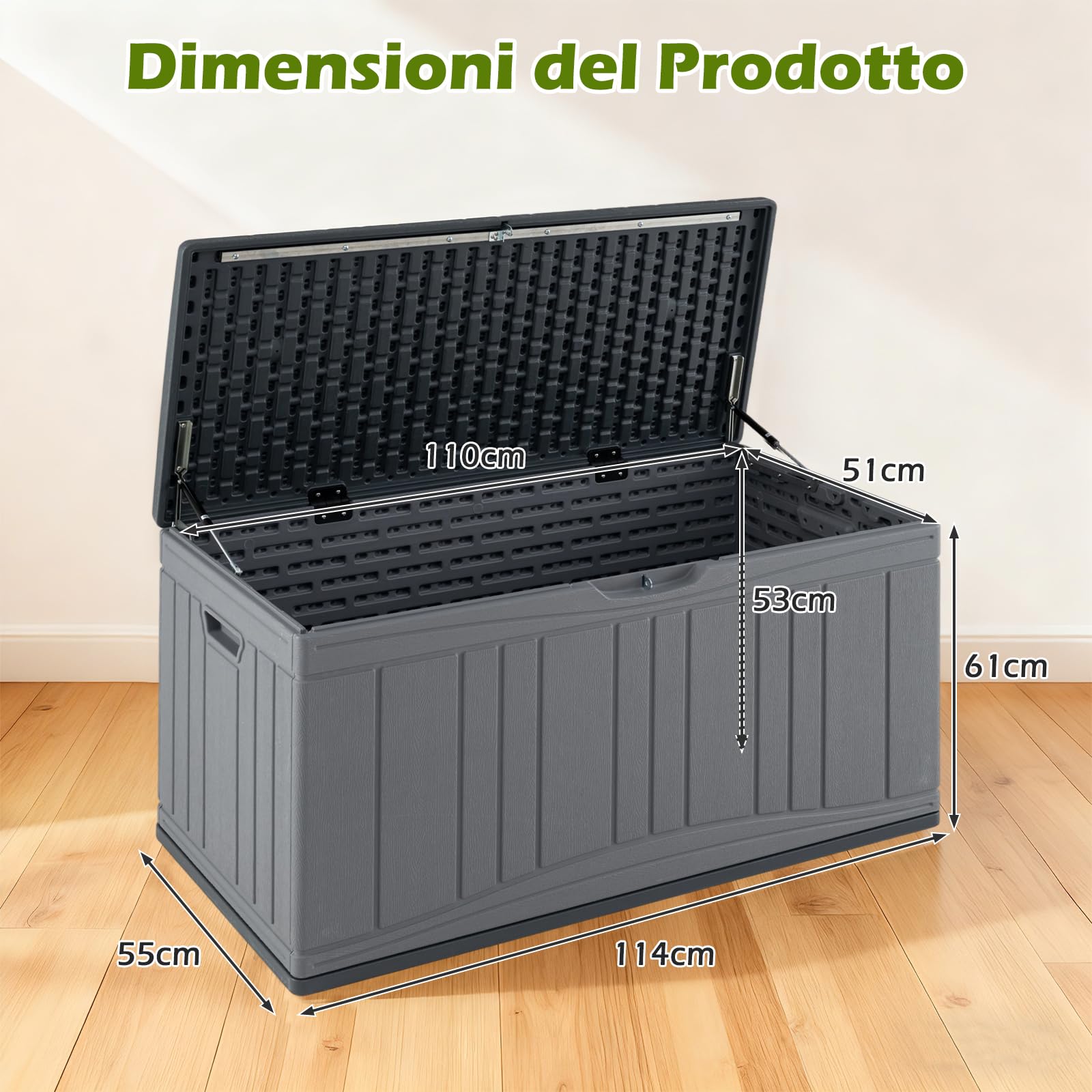 COSTWAY Baule da Esterno 300L Impermeabile in Resina, Cassapanca Contenitore da Esterno con Pistoni a Gas, Predisposizione per Serratura e 2 Maniglie Laterali, Resistente, 114 x 55 x 61 cm (Grigio) - 5