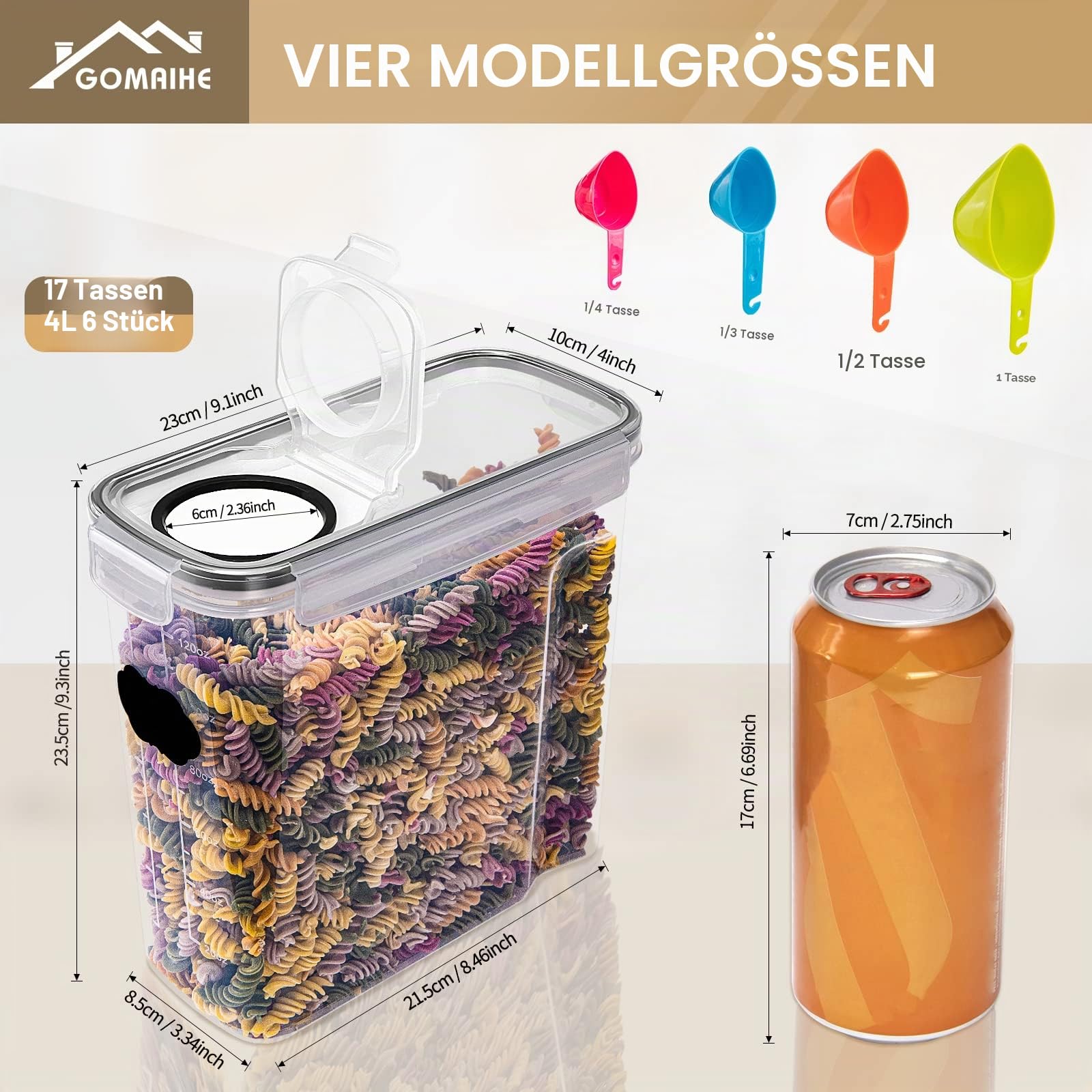 GoMaihe 4L Vorratsdosen 6 Set, Aufbewahrungsbox Küche Luftdicht Behälter aus Plastik Mit Deckel, Vorratsgläser zur Aufbewahrung von Nudeln, Müsli, Reis, Mehl, und für Futter Haustiere, MEHRWEG