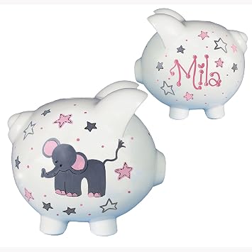 My Bambino Personalized Ceramic Piggy Bank | Gray Elephant Bank for Girls Hand Painted Piggy Bank Name in Pink | Custom Name Kids Coin Bank | Keepsake Baby Shower & Birthday Gift
