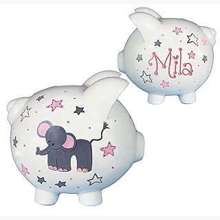 Personalized Gray Elephant Bank for Girls Hand Painted Piggy Bank Name in Pink