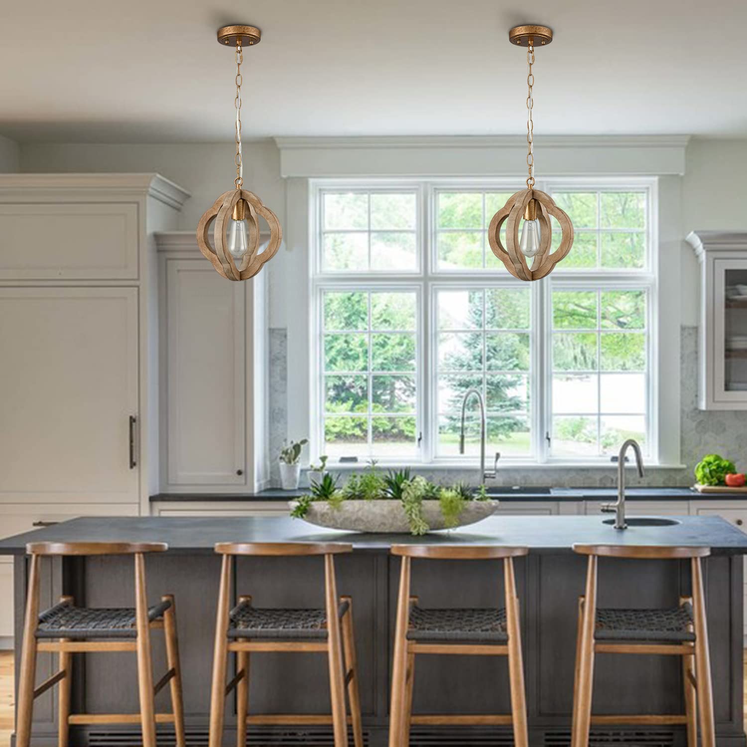 SAMTEEN Retro Wood Chandelier Light Fixture 1-Light Farmhouse Pendant Lighting Rustic Brown Wooden Pendant Light for Kitchen Island Foyer Dining Room Bedroom Entryway, Adjustable Chain