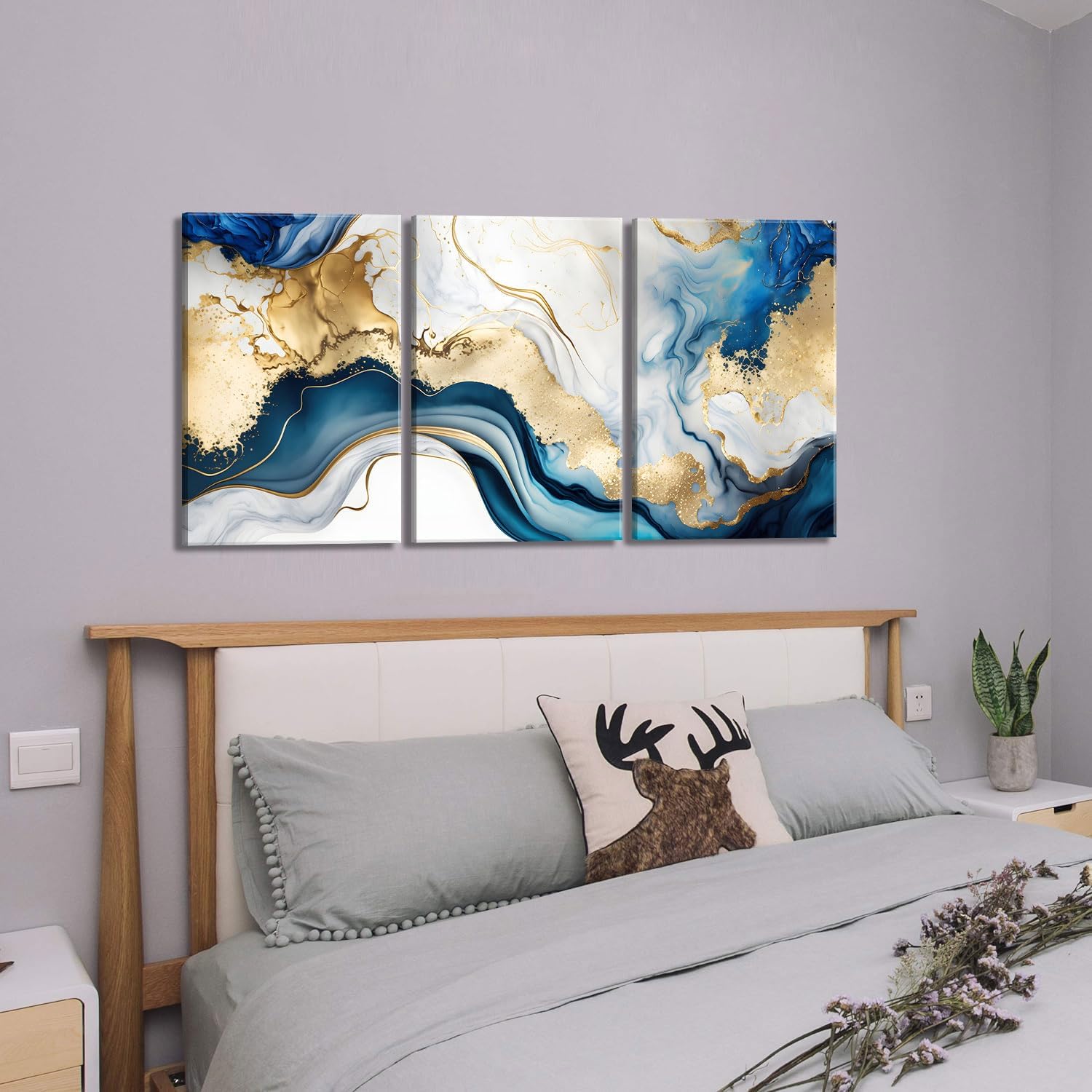 3Pcs Blue Gold Marble Canvas Wall Art Abstract Blue Gold White Wall Decor Pictures Modern Paintings Posters Prints for Living Room Bedroom Office Home Decoration, Ready to Hang - Image 6