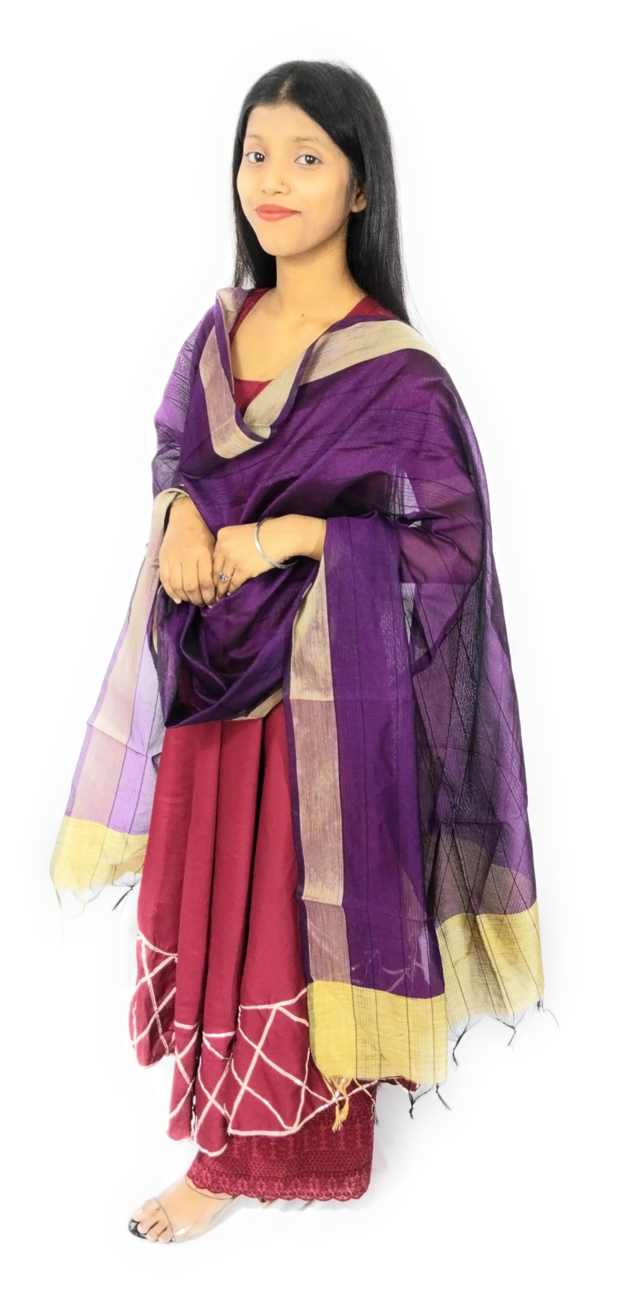 fola MOOLYAVAAN PRODUCTS Women's Chanderi Plain Silk Dupatta with Golden Border & Tassels-picture-34