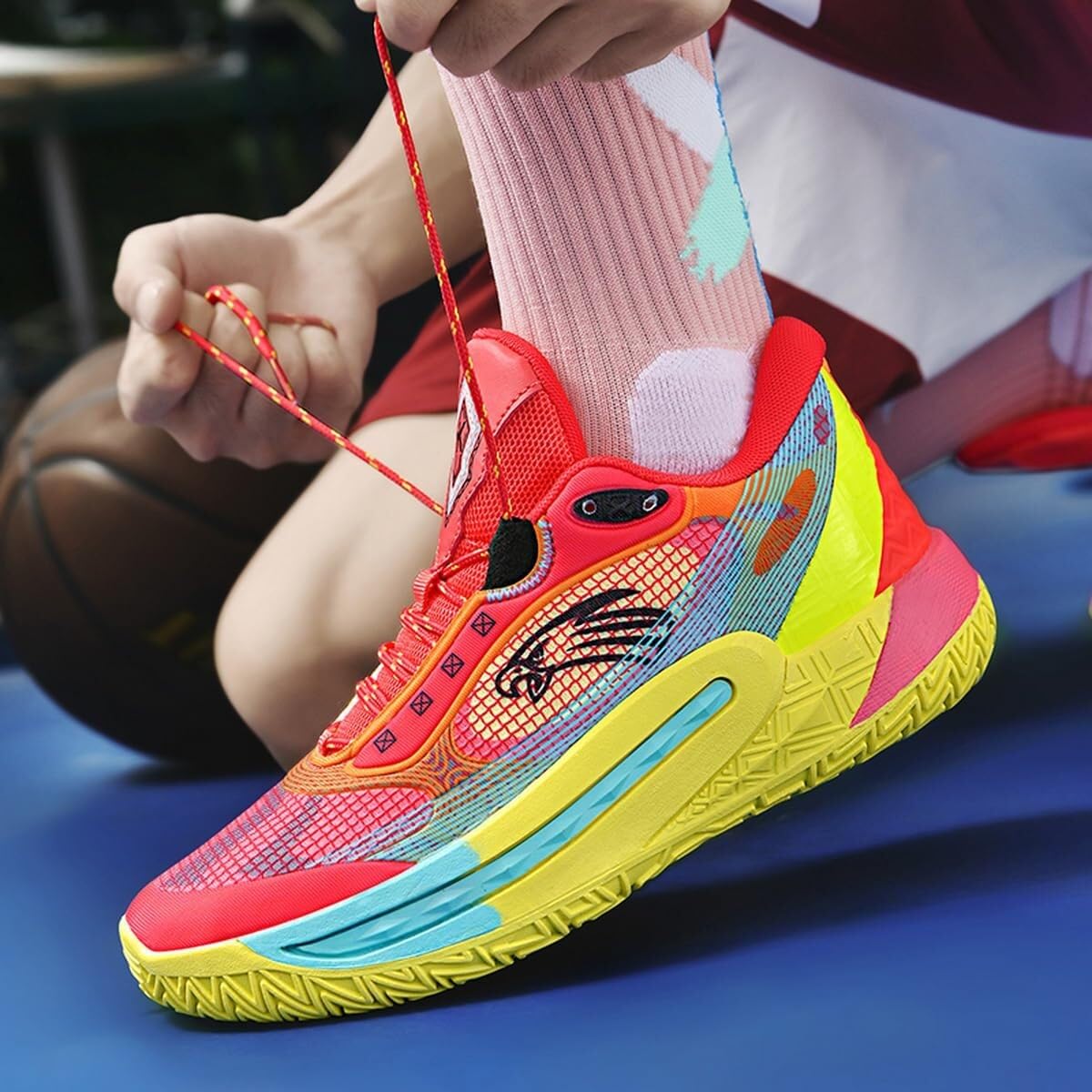 Męskie buty do koszykówki z amortyzacją i oddychalnością, antypoślizgowe buty treningowe do uprawiania sportów na świeżym powietrzu(Red,37 EU)