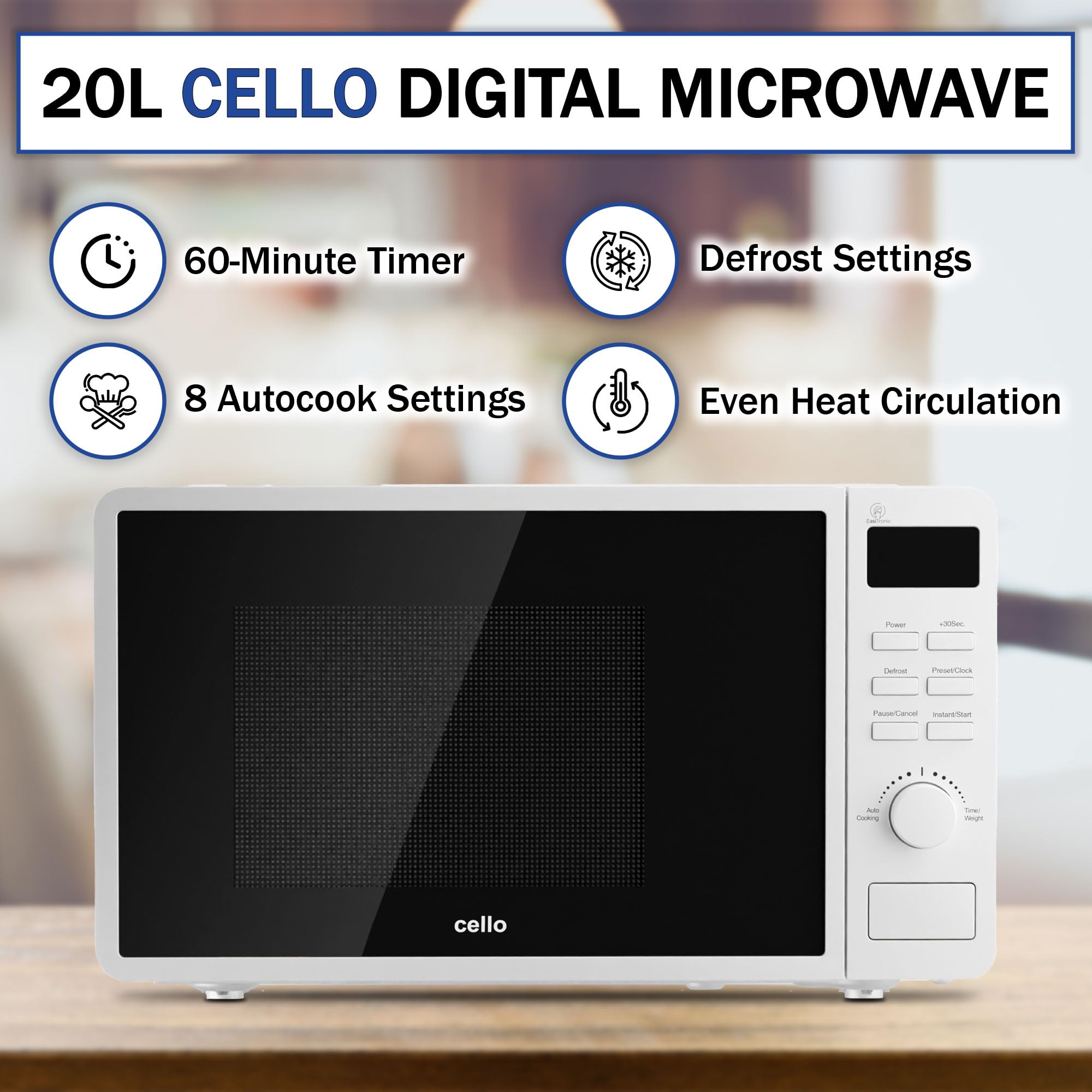Cello Cyfrowa wolnostojąca kuchenka mikrofalowa 800 W, pojemność 20 litrów z gramofonem 25 cm, funkcja szybkiego odszraniania i 8 funkcji gotowania, kolor biały