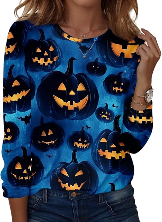 Halloween Shirts for Women Long Sleeve Plus Size Fashion Crewneck Comfortable Tshirts Halloween Costumes for Women