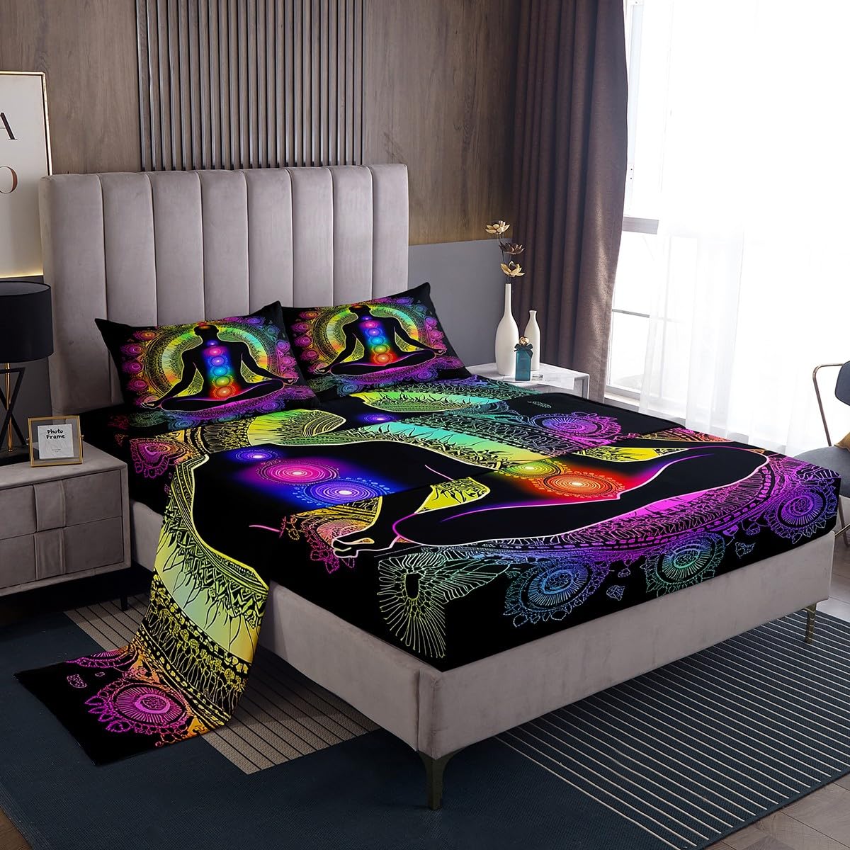 Erosebridal Yoga Bed Sheets Set Gradient Mandala Sheet Set,Chakra Meditation Full Sheets for Kids Boys Girls Teens Lotus Chakra Art Flat Fitted Sheet