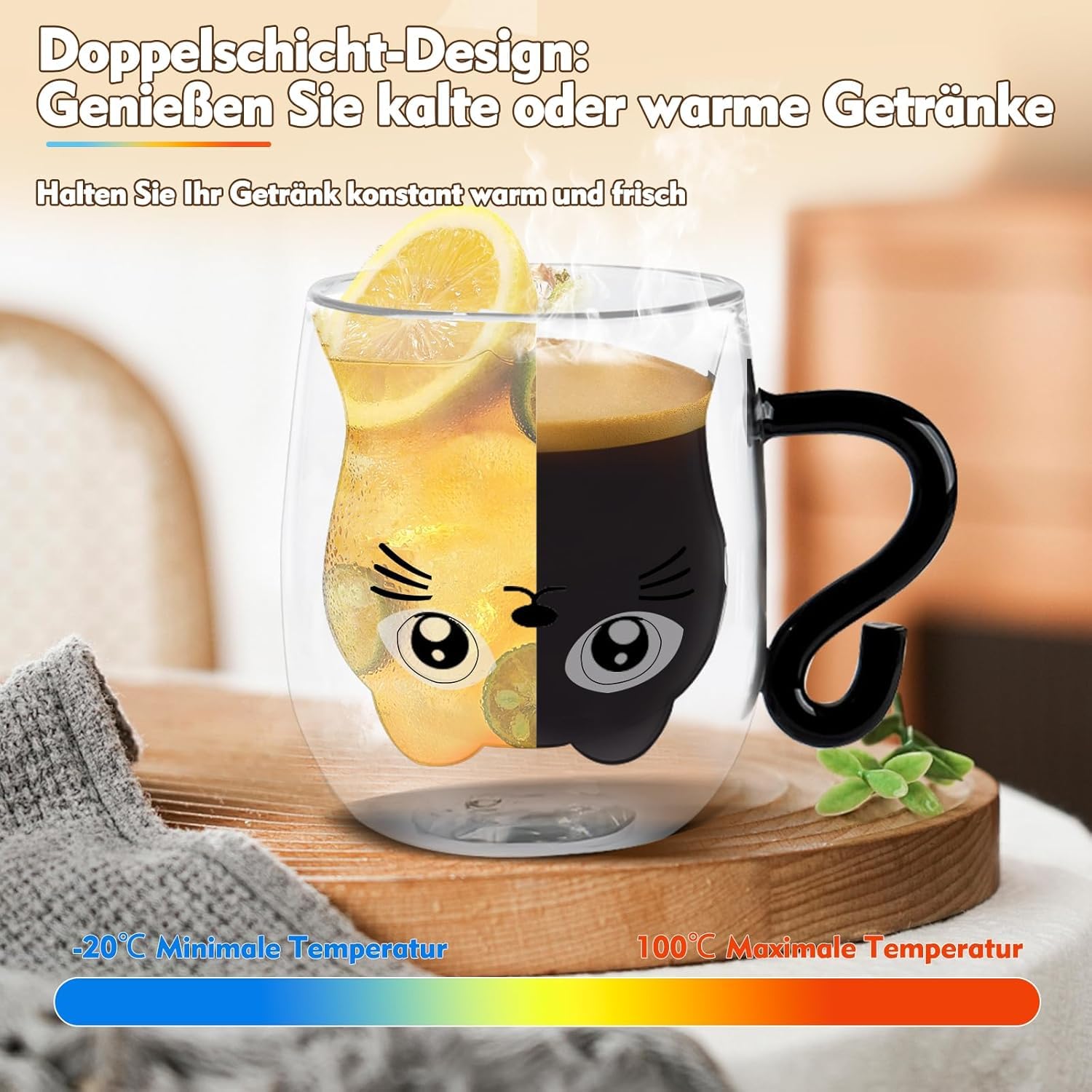Afitdon Tazza Nera con Manico Vetro Doppia Parete con cucchiaio in acciaio inox a forma di zampa di gatto e coperchio in silicone & scheda di auguri, Tazza da Caffè di Gatto Carino per cappuccino