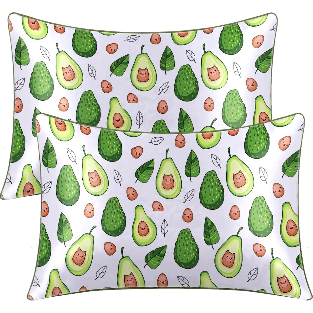 BlessLiving Satin Pillowcase Cute Kawaii Avocado Pillow Cases Set of 2 Bedding Pillowslip Envelope Closure Green Fruit Printed Pillow Cover for Hair and Skin, Standard(20''x26'')