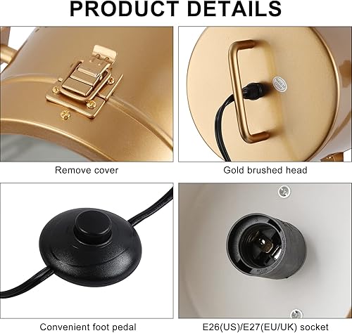 Miniatura 6 de Lámpara de pie de metal con trípode industrial, cabeza de rotación de latón, focos de pie altos de madera negra para dormitorio, altura ajustable