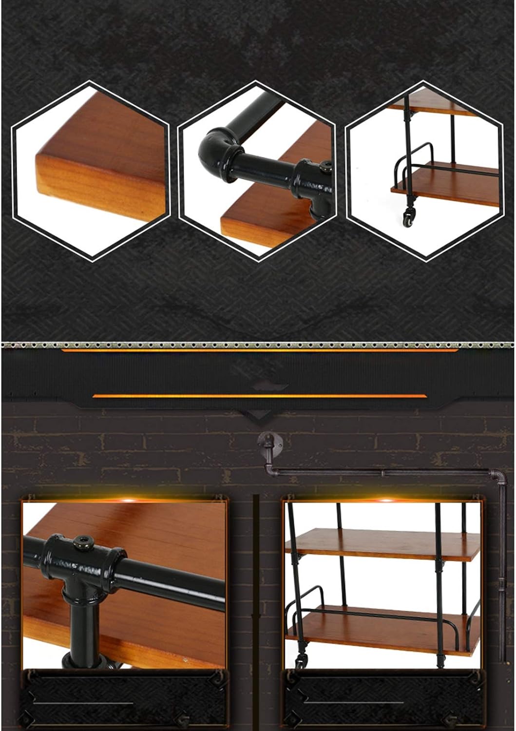 Industrial Bar Cart With Wine Rack And Glass Holder, Mobile Wine Carts With Wheels For The Home, Serving Cart And Kitchen Storage Cart , Vintage Brown kitchen cart with storage ( Color : Two floors