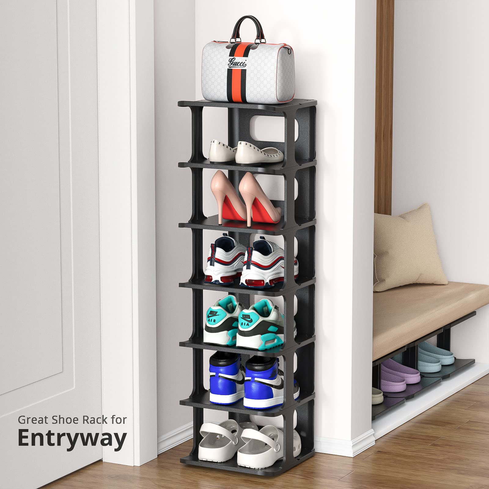 Free Combination Shoe Organizer for Closet, Free Standing Small Narrow Shoe Rack, Stackable Shoe Rack Organizer for Entryway Women/Kids, Grey Shoe Stackers Shoe Slots Shelf
