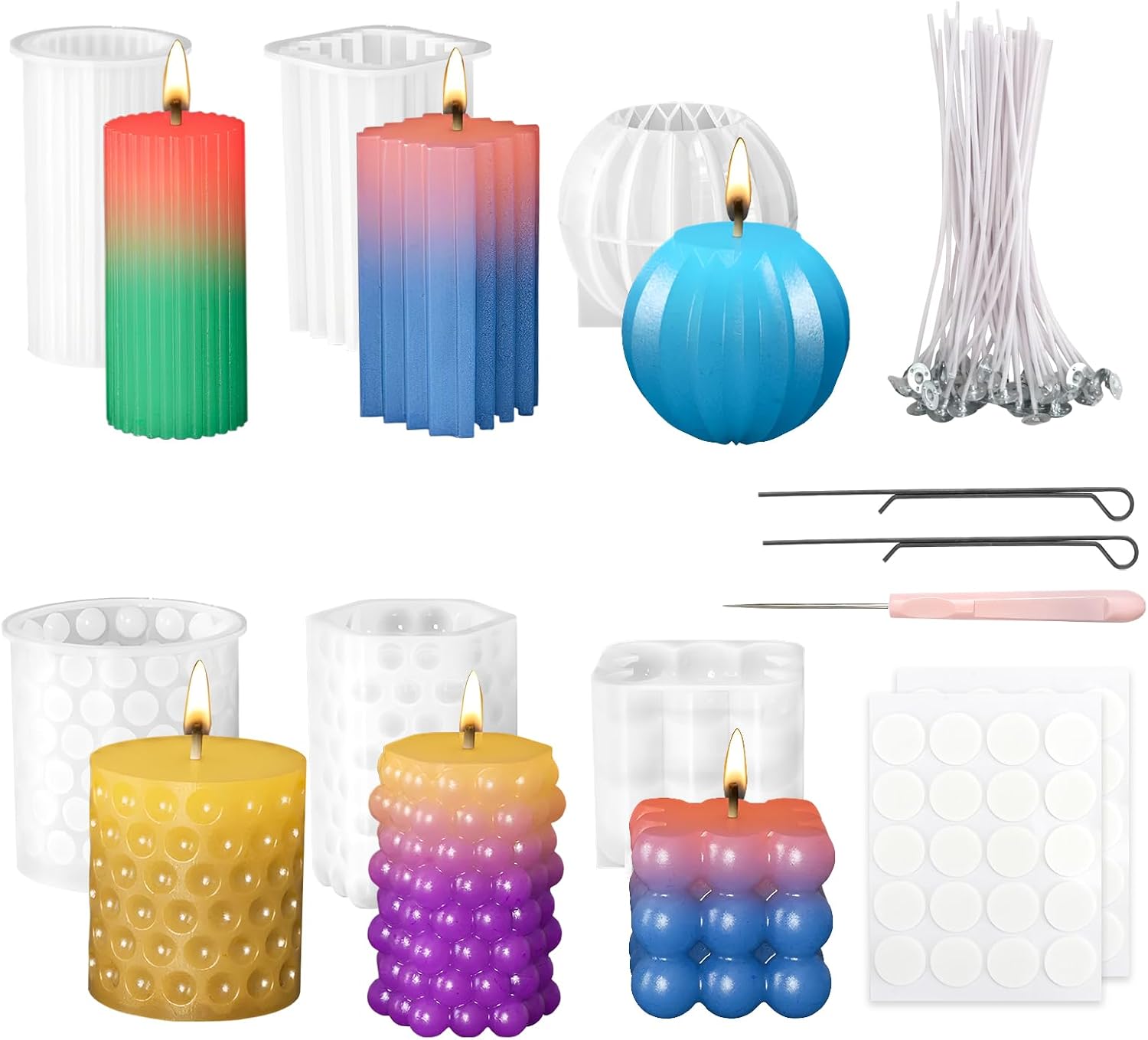 HMIEPRS Pack of 6 Silicone Candle Moulds 3D Silicone Mould Bubble Candle Mould Kit with 100 Candle Wicks Non-Stick Silicone Candle Wax Moulds for DIY Scented Candle Soap Pudding