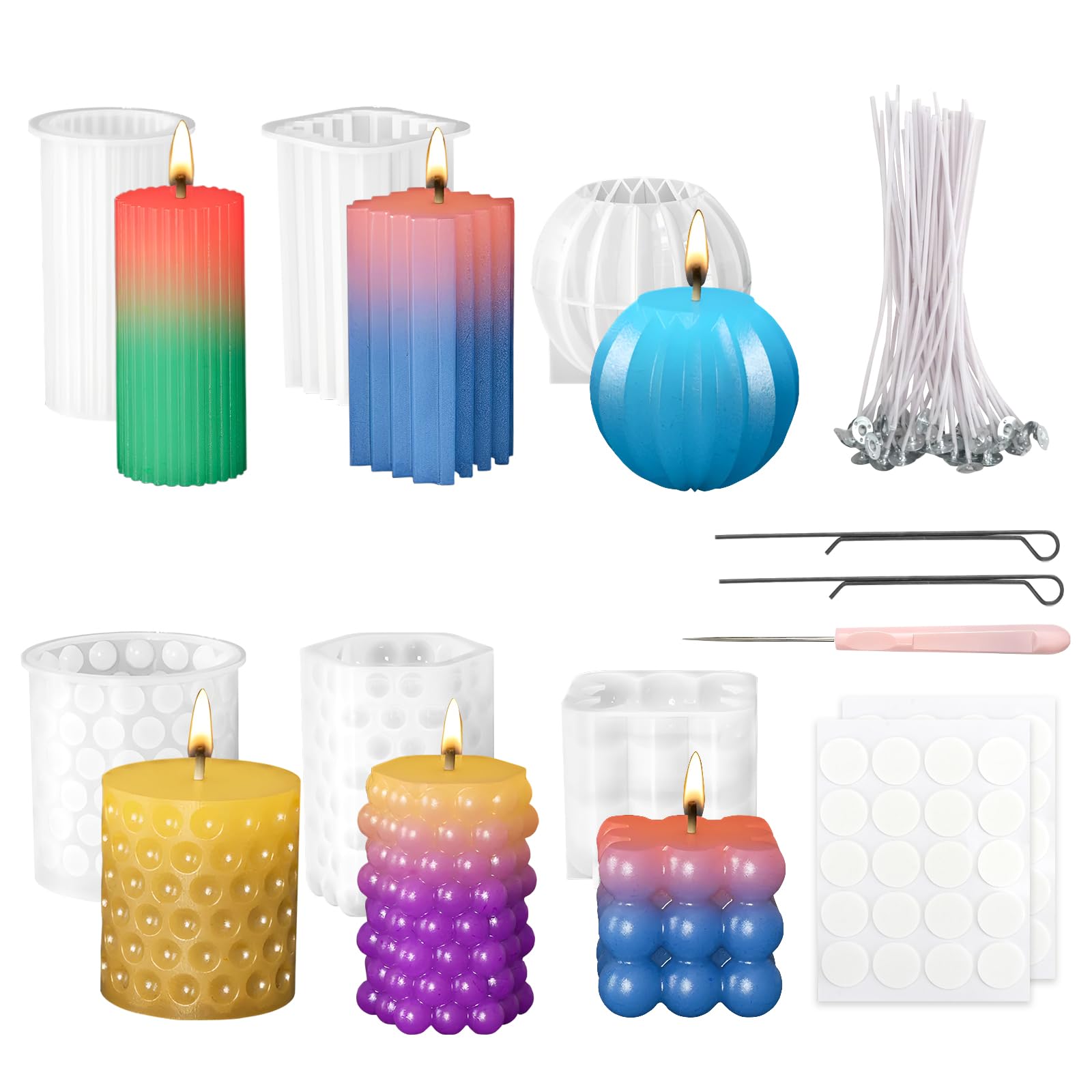 HMIEPRS 6PCS Silicone Candle Moulds for Candle Making, 3D Pillar Bubble Candle Molds Set with 100 Candle Wicks Supporting Sticks, Epoxy Resin Mould for DIY Scented Candle Soap Pudding