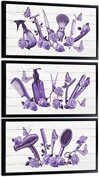 Visual Art Decor Barbershop Wall Decor Hair Salon Decor Floral Painting Framed Canvas Print, 8x16inchx3 Pieces Purple