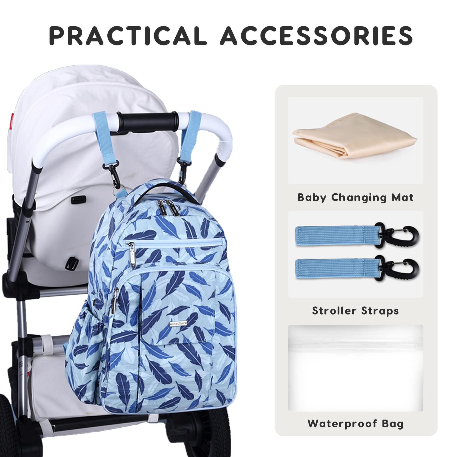 SONARIN Zaino Fasciatoio con Borsa Passeggino,Grande Capacità Borsa per Pannolini Impermeabile Zaino Mamma Neonato Borsa Fasciatoio da Viaggio con Fasciatoio & Ganci per Passeggino