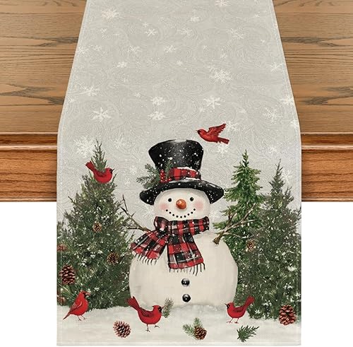 Artoid Mode Camino de mesa de Navidad con diseño de muñeco de nieve, pájaros y árboles, decoración de mesa de comedor para decoración de fiesta en