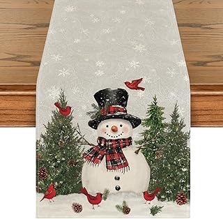 Artoid Mode Snowman Christmas Table Runner Home Party Decor 13x36 Inch | Grey Birds Trees Snowflakes, Winter Holiday Seasonal Kitchen Dining Table Decoration