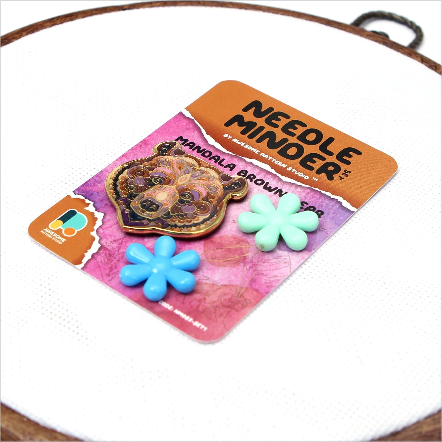 Awesome Pattern Studio Needle Minder Set - Mandala Brown Bear Magnetic Needle Minder. Enamel Pin for Cross Stitch, Embroidery and Craft (Set #1)