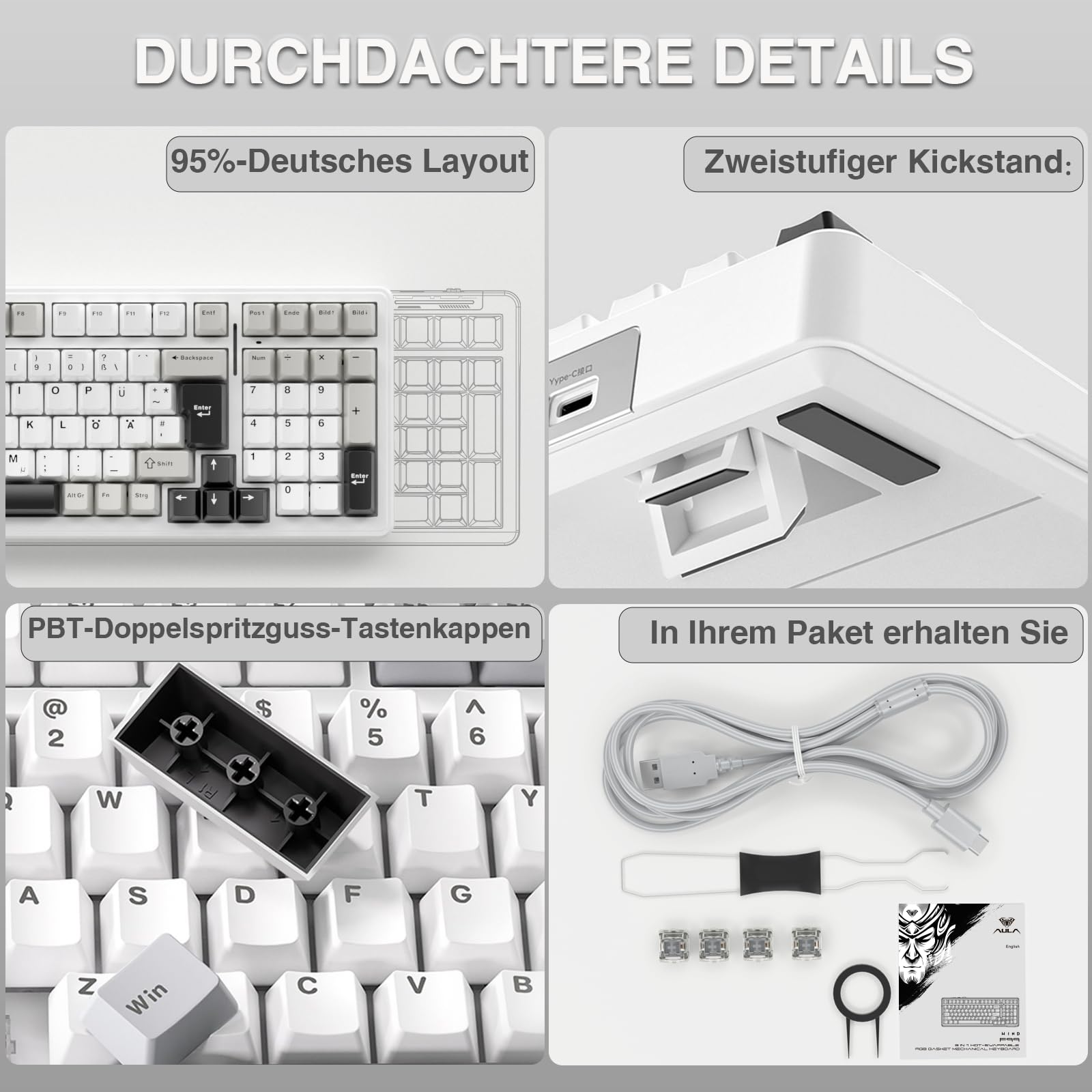 AULA F99 Kabellose Gaming Tastatur Mechanisch QWERTZ DE-Layout BT5.0 2.4G USB-C Gasket Hot Swap RGB PBT 8000mAh 95% (Weiß Grau)