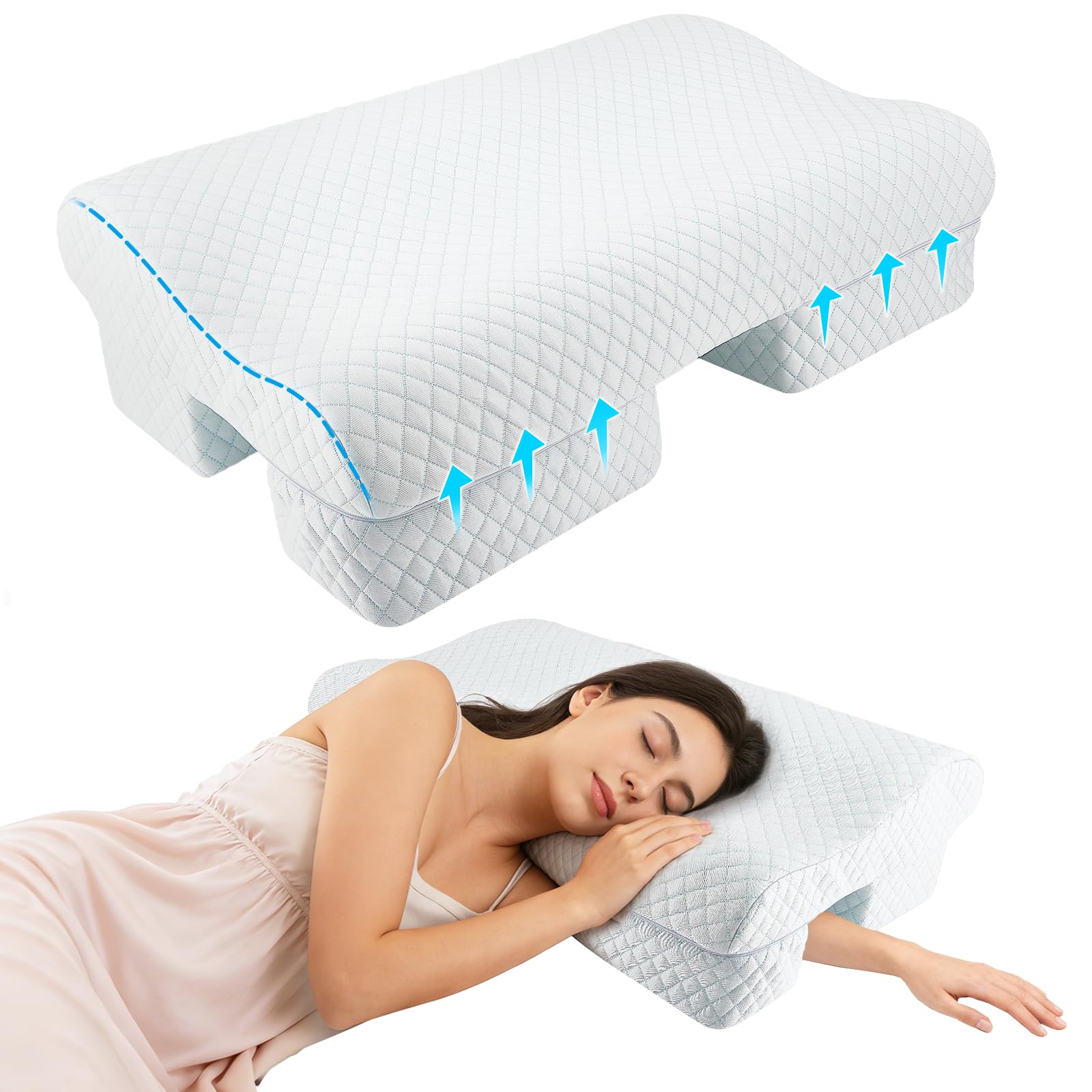 QCXWCJWD Side Sleeper Pillow with Arm Hole, 4‑Channel Adjustable Shoulder Pillow for Side Sleepers, Memory Foam Arm Pillow with Cooling Cover, Breathable Bed Pillow for Comfortable Sleep Support