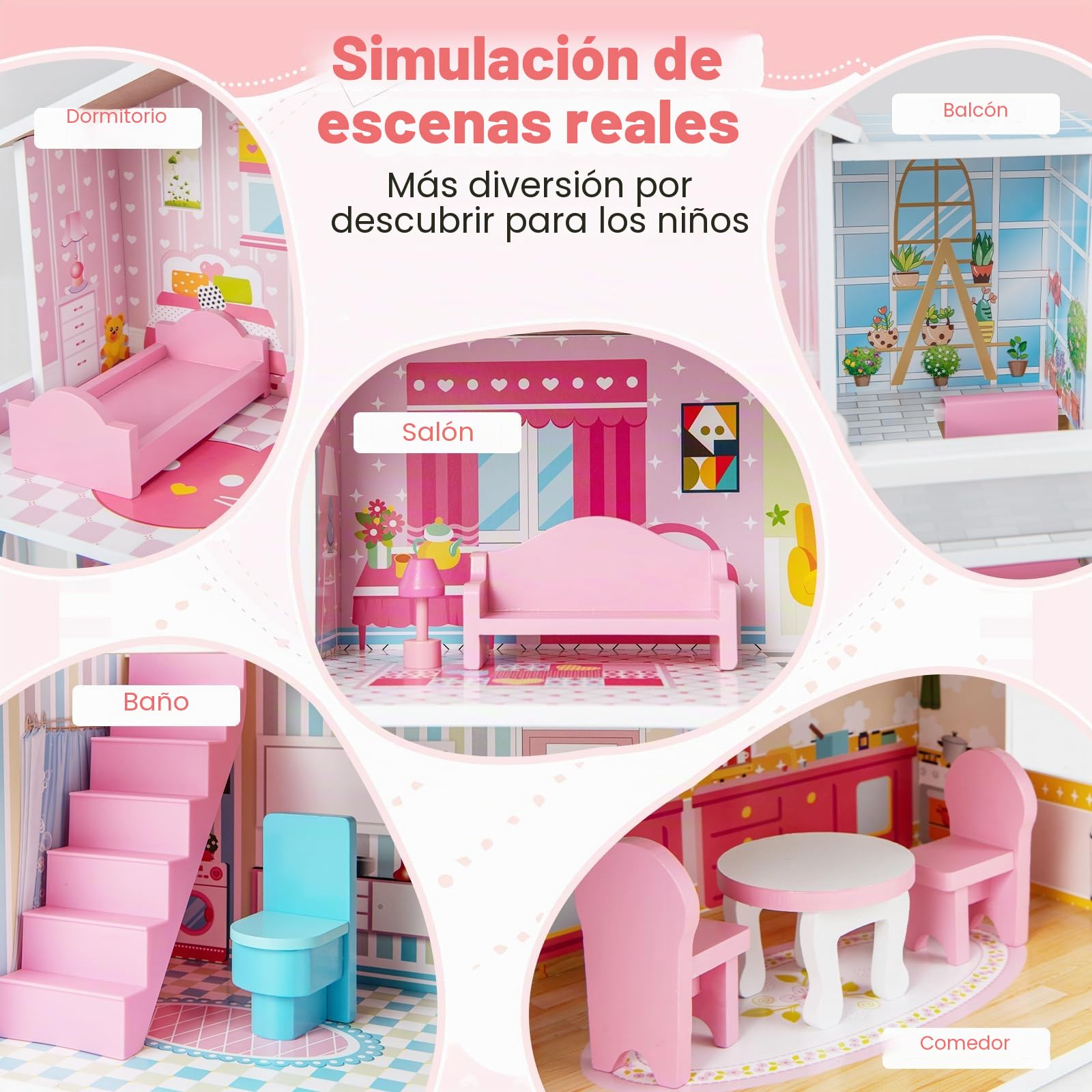 RELAX4LIFE Casa de muñecas de madera con 3 pisos, 5 habitaciones y muebles, accesorios y 2 escaleras y bonitos fondos, juguete para niños 3 años +