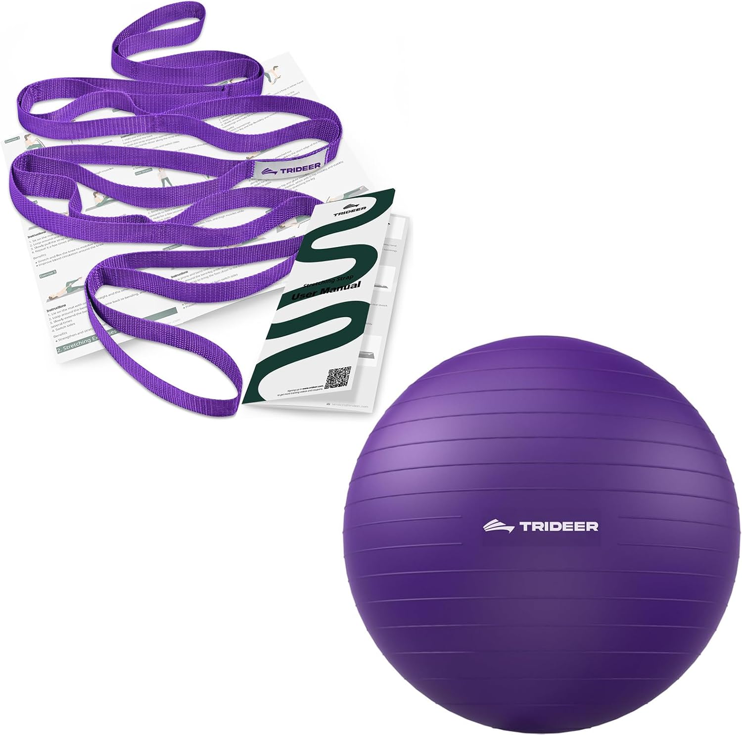 Trideer Stretching Strap & Exercise Ball Bundle for Yoga, Pilates & Physical Therapy - Complete Home Workout Kit for Strength, Flexibility & Core Training