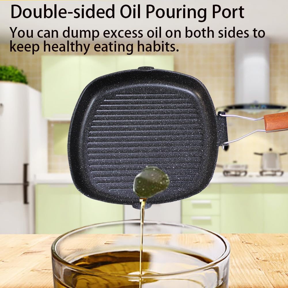 Nonstick Grill Pan with Folding Handle, 11in/ 28cm Lightweight Grill Pan for Stove Tops, 1.76lbs Versatile Griddle Pans with Pour Spouts, Square Grilling Skillet Steak Pan for Indoor Outdoor Camping - Image 6