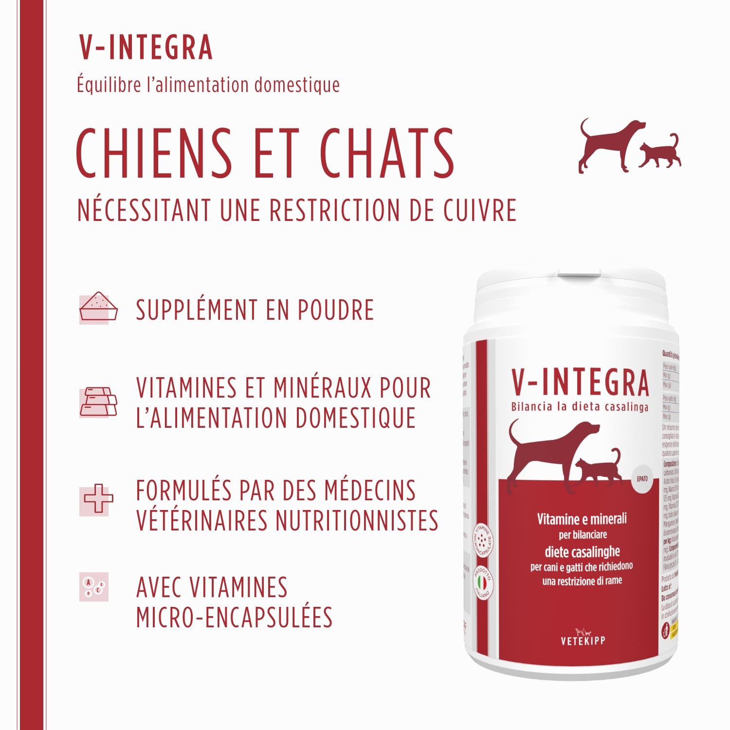 V-INTEGRA Epato Chiens et Chats - Supplément Complet de vitamines et minéraux pour la Ration ménagère des Chiens et Chats nécessitant Une Restriction en cuivre - 200g - Produit en Italie