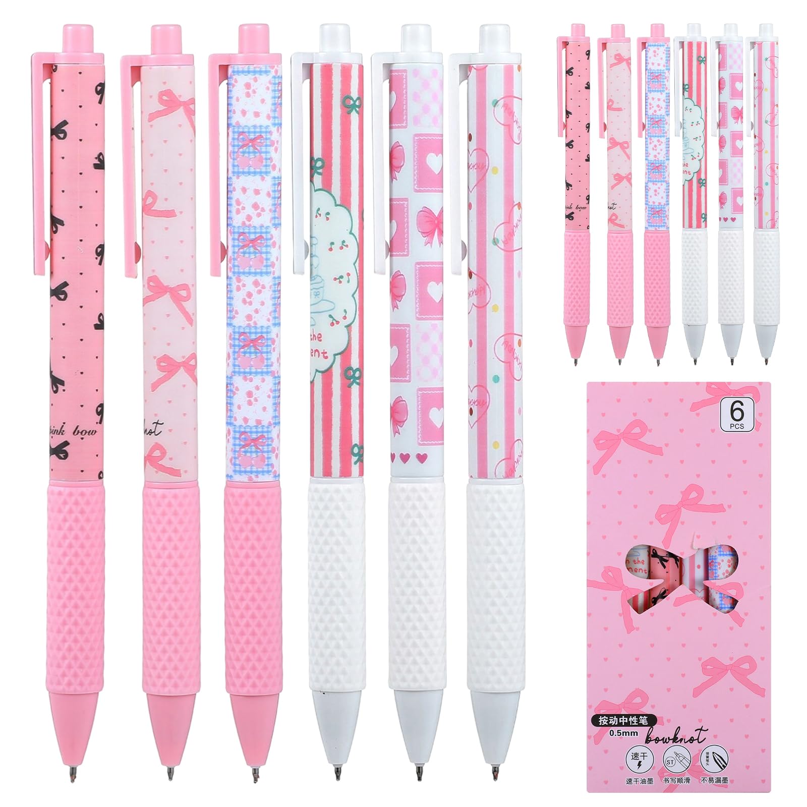 Mabor 12Pcs Pink Bow Pens - Cute Ballpoint Gel Pens Set, Coquette Stationery for Women Office School Supplies