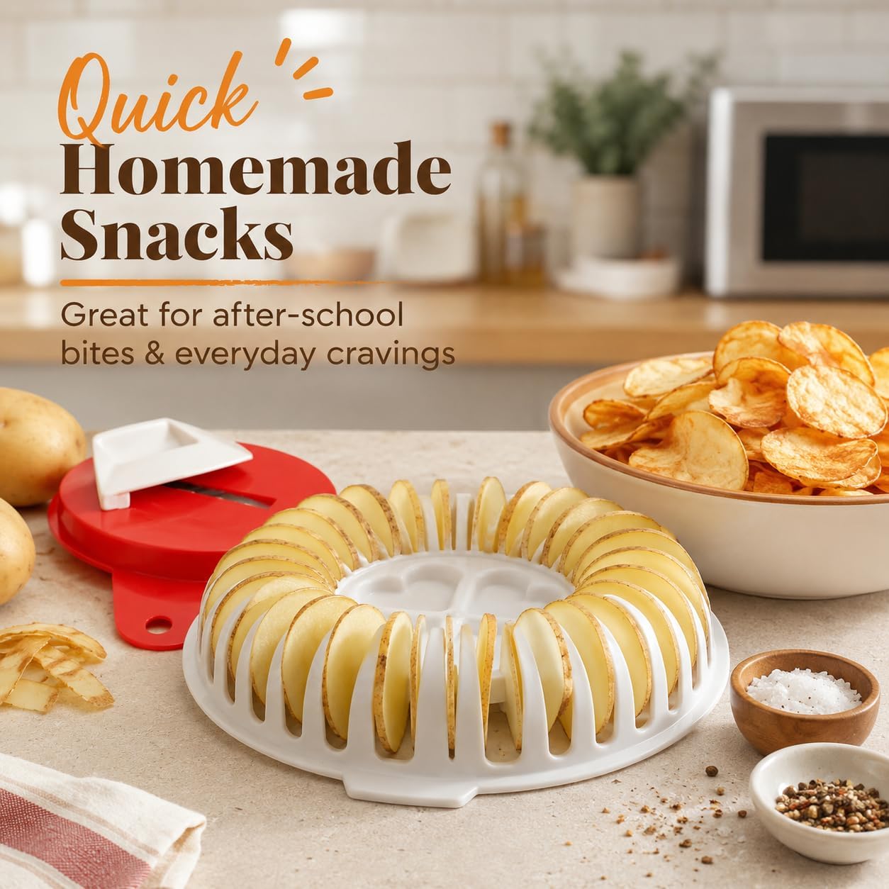 Microwave Potato Chip Maker with Handheld Slicer, Oil-Free Chip Rack Tray for Potatoes, Sweet Potatoes, Apples, Zucchini & Bananas, BPA-Free, Instructions Included image 2