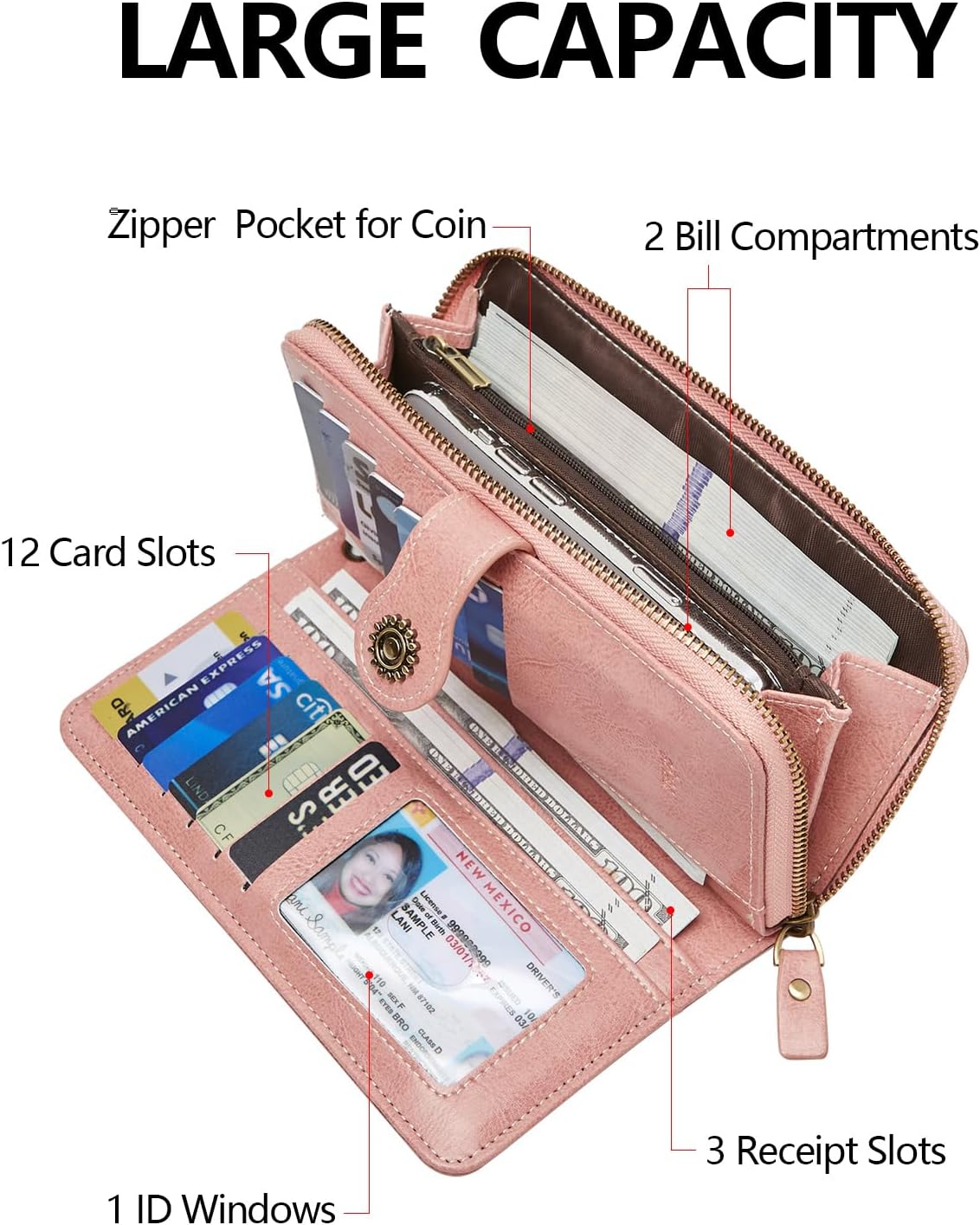 Wallet for Women RFID Blocking Leather Large Capacity Card Holder Ladies Phone Clutch Travel Long Purse Wristlet | RFID Blocking, Leather, Large Capacity, Ladies, Travel - Image 2