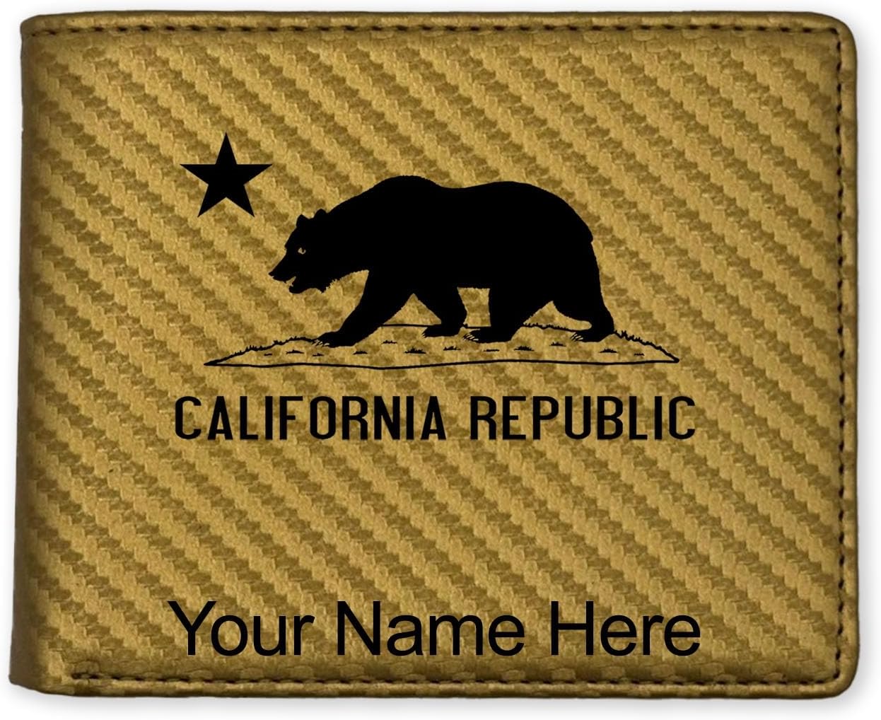 LaserGram Faux Leather Bi-Fold Wallet, California Republic Bear Flag, Personalized Engraving Included (Carbon Fiber Black with Silver)
